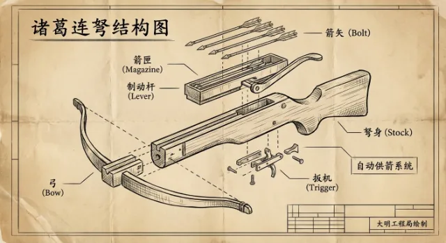 Vintage-Style Engineering Exploded View of the Zhuge Repeating Crossbow