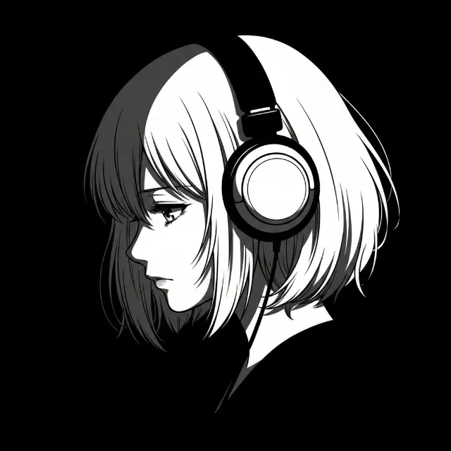 Anime Girl Chiaroscuro Headphones Portrait Melancholic Black White