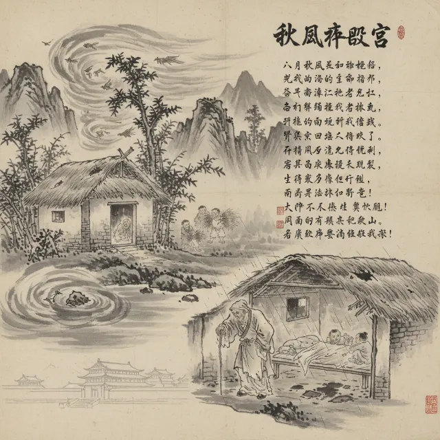 Text and Pinyin Chart of "The Song of the Thatched Cottage Ruined by the Autumn Wind"