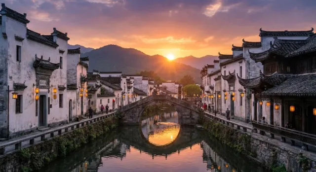 落日下的小桥人家